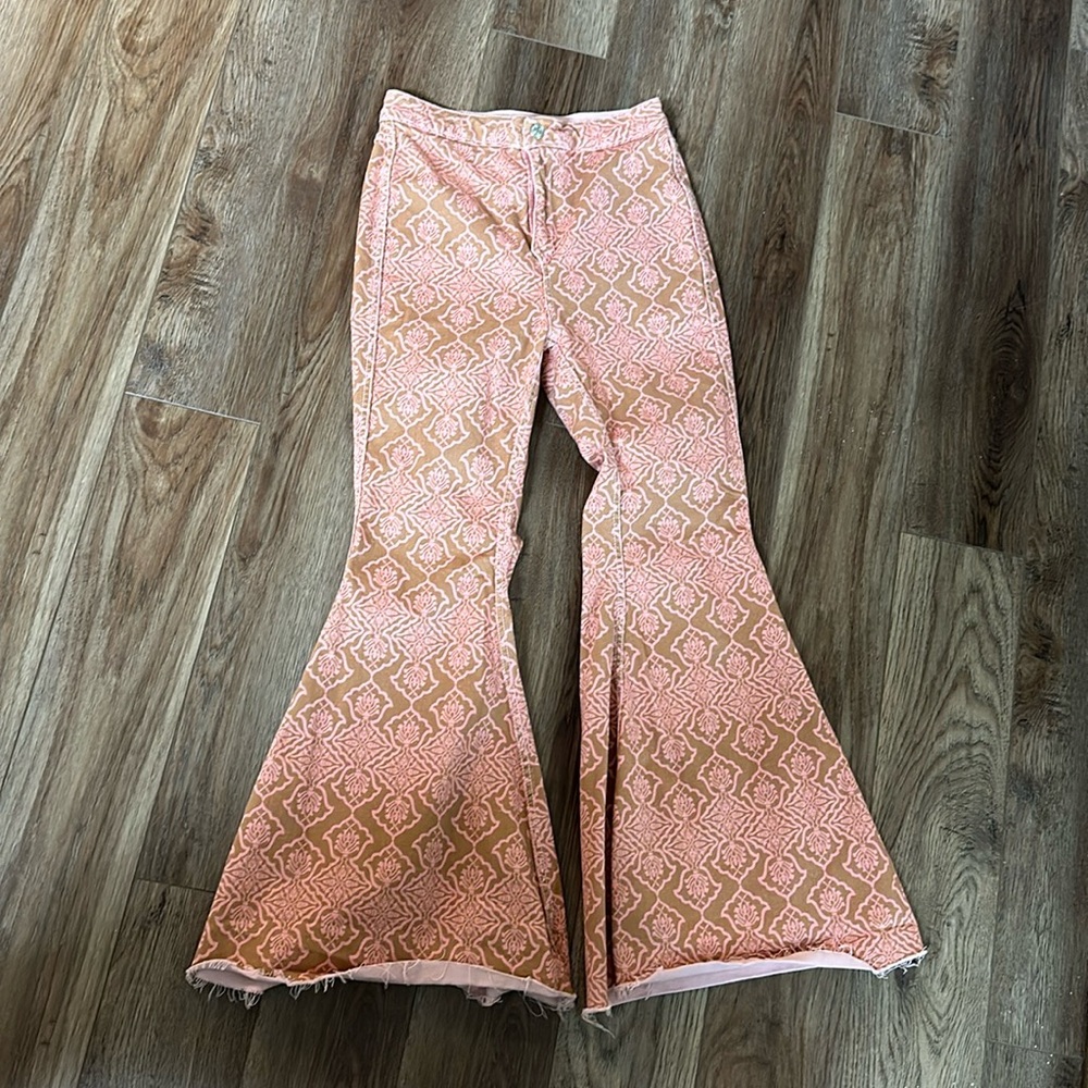 Free People 60s style patterned mega flare bell bottom jeans high waisted